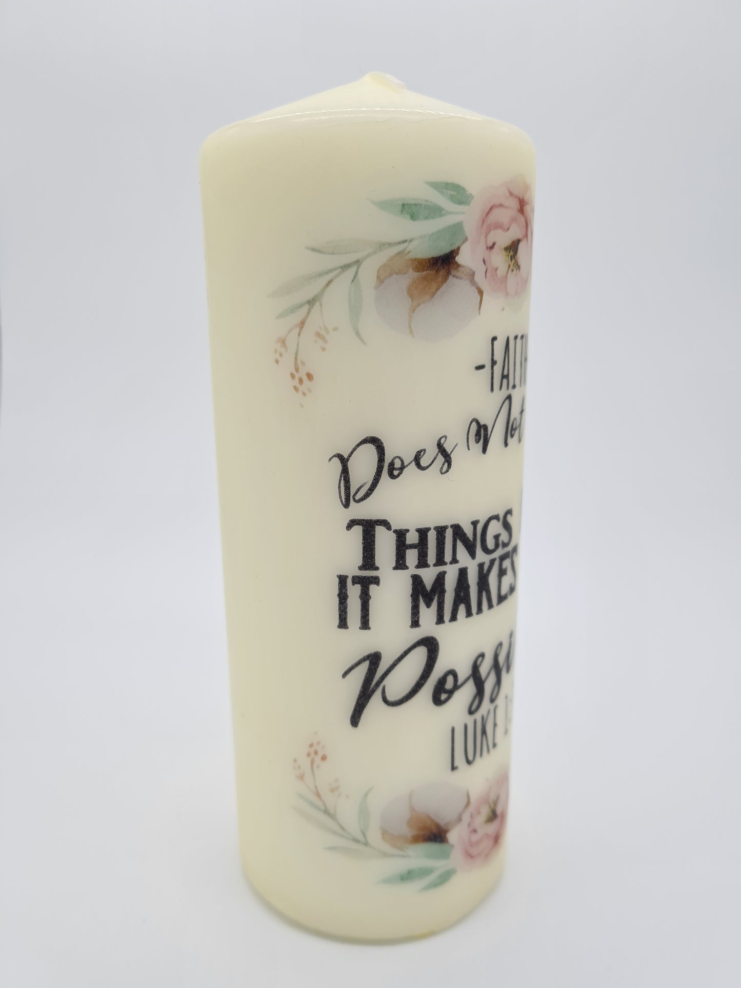 Decorative Pillar Candle || Bible Verse: Faith Possible || Unique Gift || Home Décor || Various Sizes Available