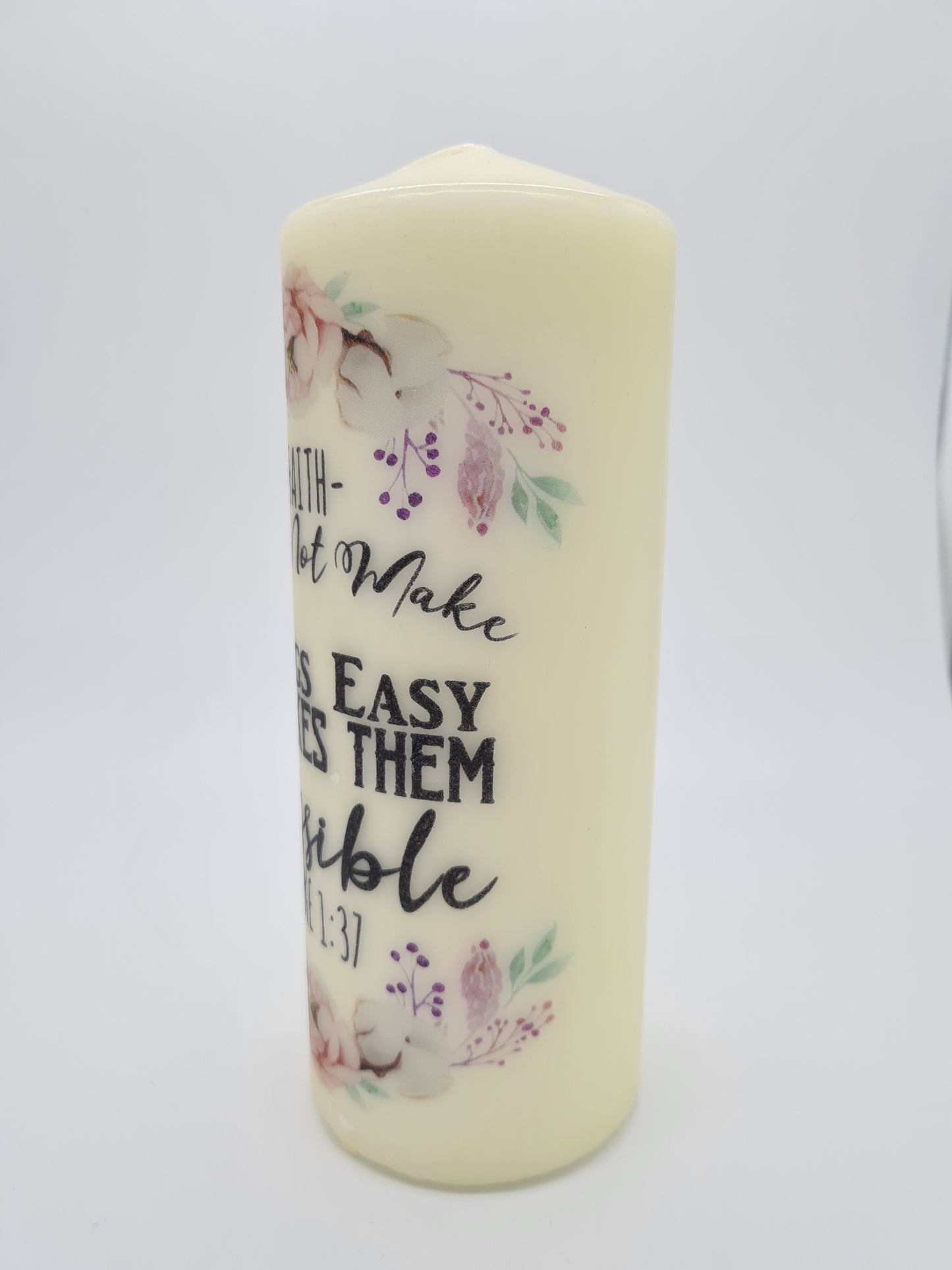 Decorative Pillar Candle || Bible Verse: Faith Possible || Unique Gift || Home Décor || Various Sizes Available