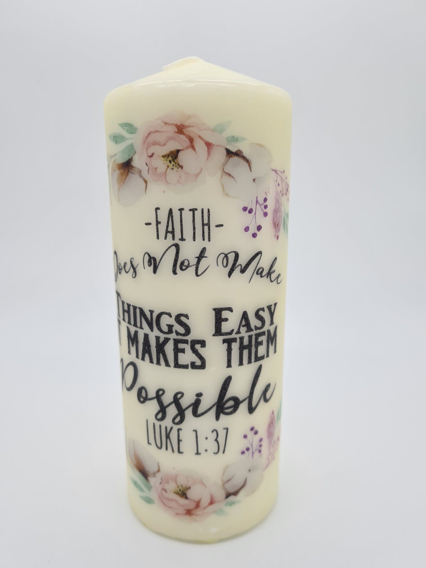 Decorative Pillar Candle || Bible Verse: Faith Possible || Unique Gift || Home Décor || Various Sizes Available