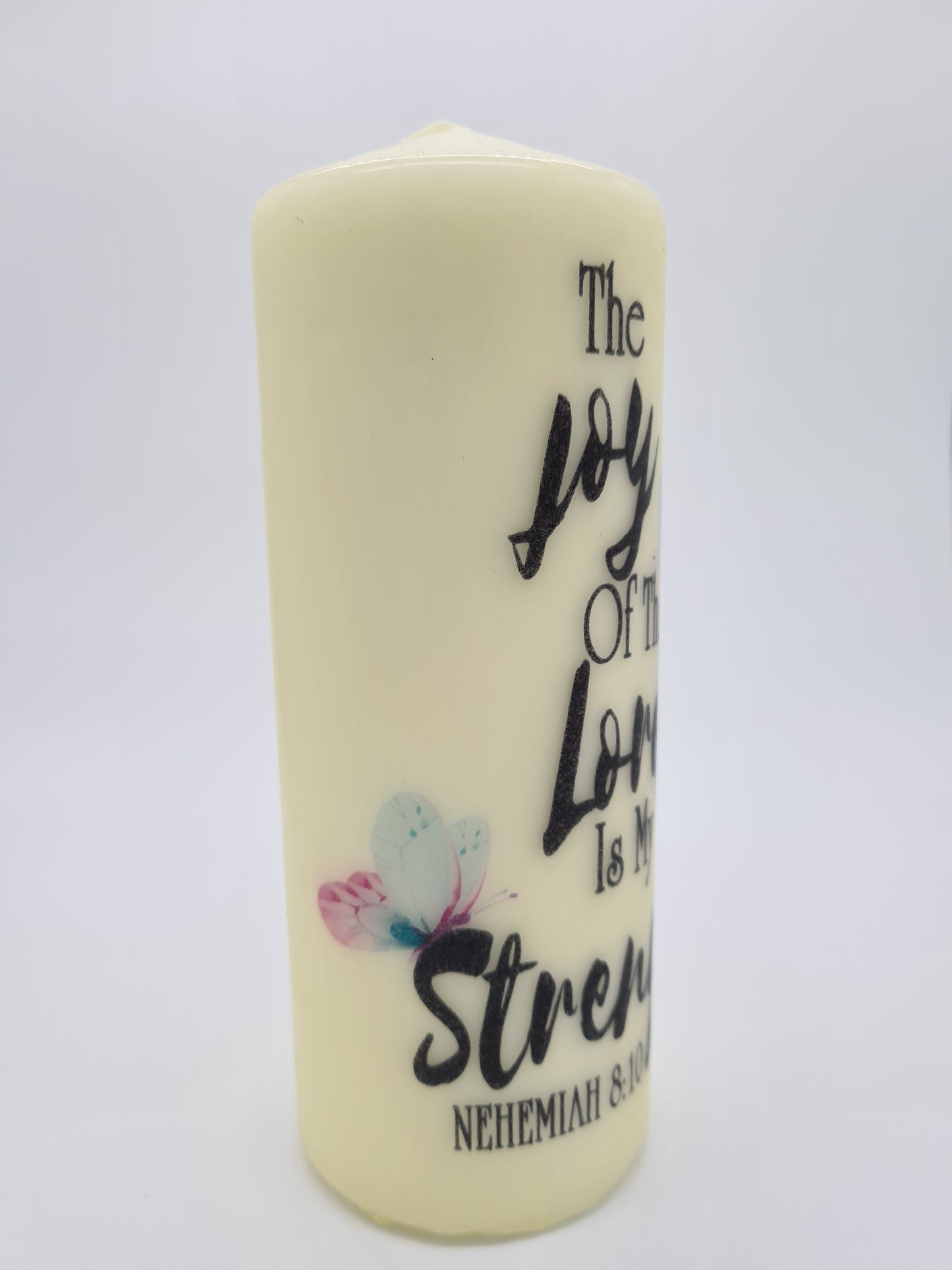 Decorative Pillar Candle || Bible Verse: Joy of the Lord || Unique Gift || Home Décor || Various Sizes Available