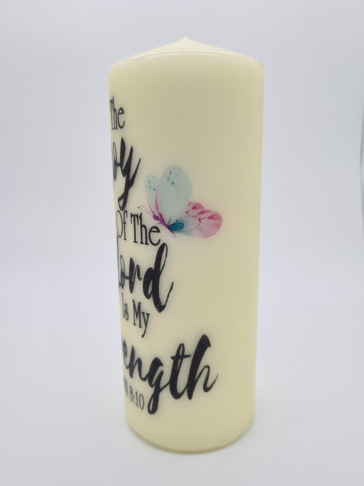 Decorative Pillar Candle || Bible Verse: Joy of the Lord || Unique Gift || Home Décor || Various Sizes Available