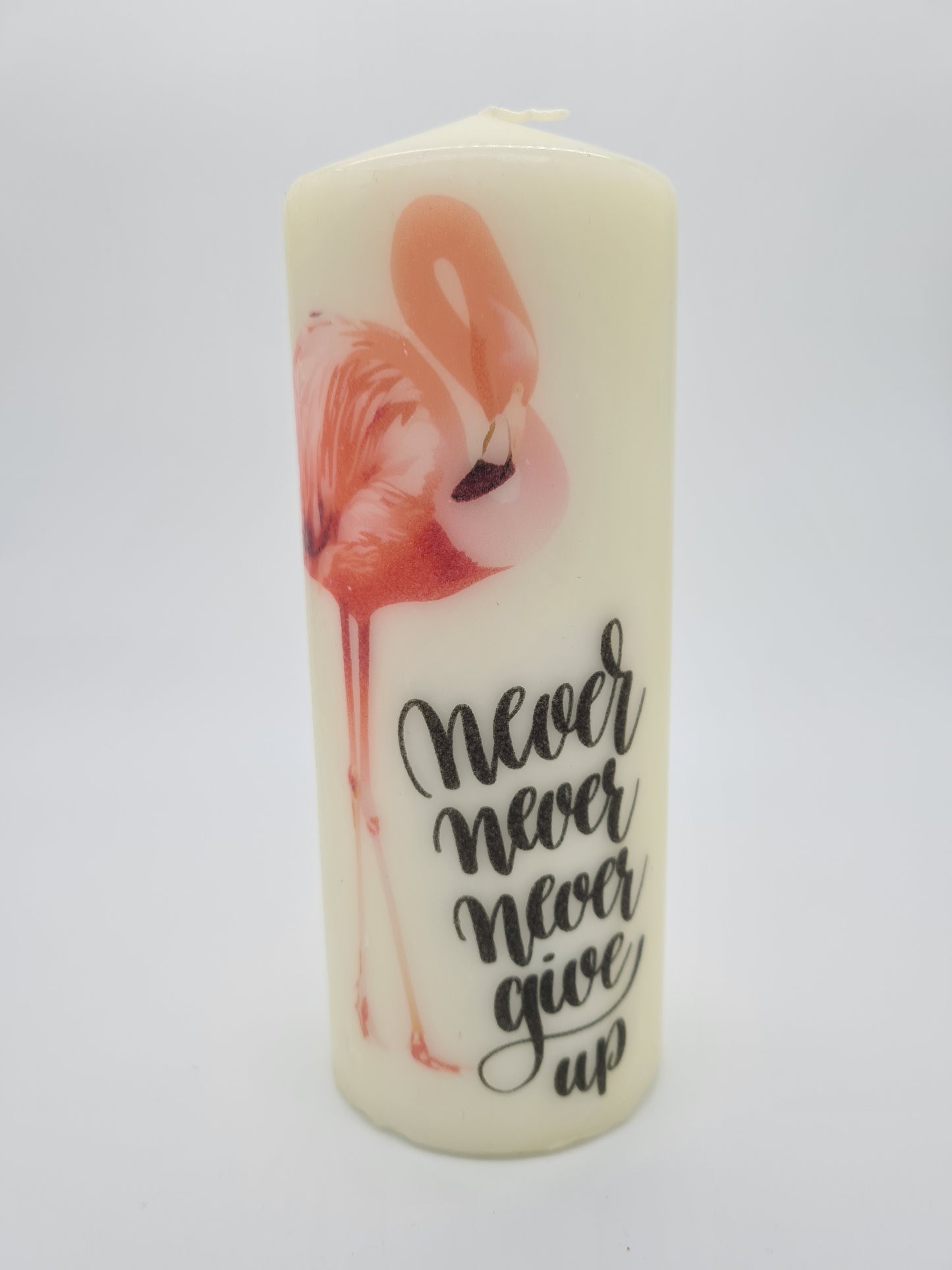 Decorative Pillar Candle || Pink Flamingo - Never Give Up || Unique Gift || Home Décor || Various Sizes Available